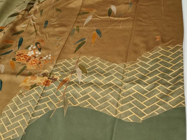 平和屋着物●訪問着　作家物　駒刺繍　流水地紙枝花文　金彩　正絹　逸品　CABG0648yc