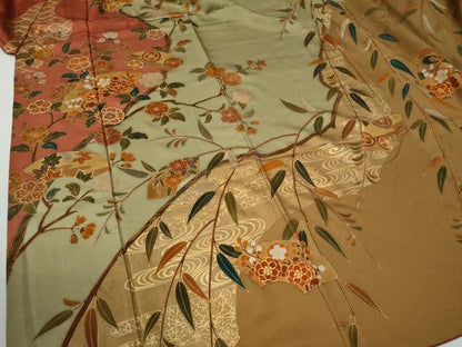 平和屋着物●訪問着　作家物　駒刺繍　流水地紙枝花文　金彩　正絹　逸品　CABG0648yc