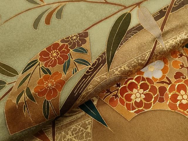 平和屋着物●訪問着　作家物　駒刺繍　流水地紙枝花文　金彩　正絹　逸品　CABG0648yc
