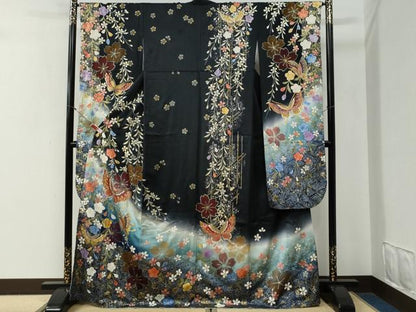 平和屋着物●豪華振袖　蝶　桜　黒地　金彩　正絹　逸品　CABG0650yc