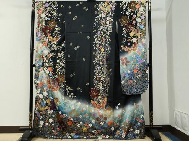 平和屋着物●豪華振袖　蝶　桜　黒地　金彩　正絹　逸品　CABG0650yc