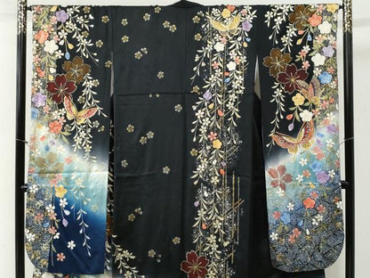 平和屋着物●豪華振袖　蝶　桜　黒地　金彩　正絹　逸品　CABG0650yc