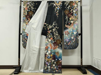 平和屋着物●豪華振袖　蝶　桜　黒地　金彩　正絹　逸品　CABG0650yc