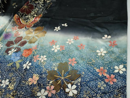 平和屋着物●豪華振袖　蝶　桜　黒地　金彩　正絹　逸品　CABG0650yc