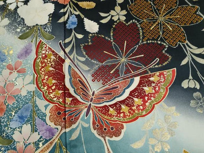 平和屋着物●豪華振袖　蝶　桜　黒地　金彩　正絹　逸品　CABG0650yc
