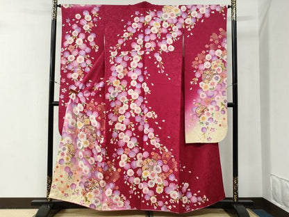平和屋着物●豪華振袖　雪輪舞花文　ラメ糸　暈し染め　金彩　正絹　逸品　CABG0653yc
