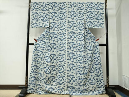 平和屋着物●上質な小紋　藍　型染め　松竹梅　ロング丈　正絹　逸品　CABG0657yc