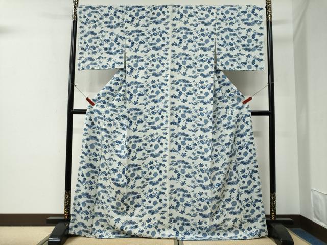 平和屋着物●上質な小紋　藍　型染め　松竹梅　ロング丈　正絹　逸品　CABG0657yc