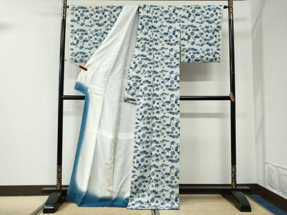 平和屋着物●上質な小紋　藍　型染め　松竹梅　ロング丈　正絹　逸品　CABG0657yc