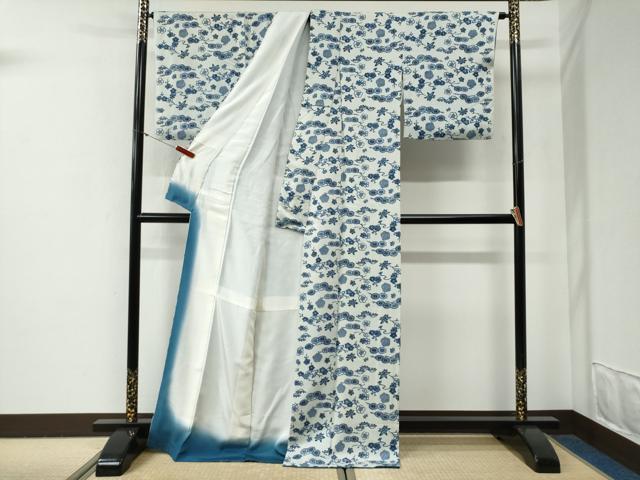 平和屋着物●上質な小紋　藍　型染め　松竹梅　ロング丈　正絹　逸品　CABG0657yc
