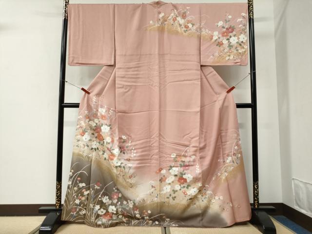 平和屋着物●訪問着　駒刺繍　枝花文　暈し染め　金彩　ロング丈　正絹　逸品　CABG0662yc
