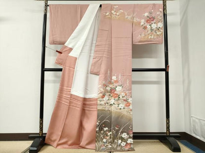 平和屋着物●訪問着　駒刺繍　枝花文　暈し染め　金彩　ロング丈　正絹　逸品　CABG0662yc