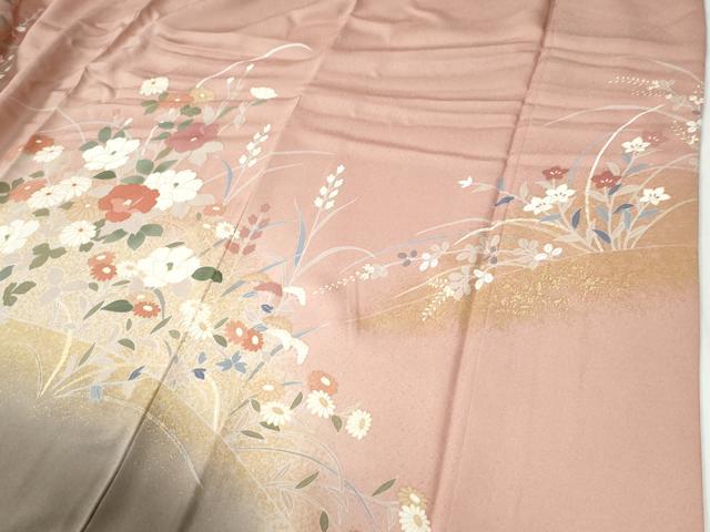 平和屋着物●訪問着　駒刺繍　枝花文　暈し染め　金彩　ロング丈　正絹　逸品　CABG0662yc