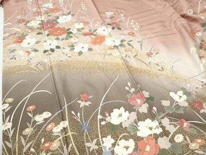 平和屋着物●訪問着　駒刺繍　枝花文　暈し染め　金彩　ロング丈　正絹　逸品　CABG0662yc