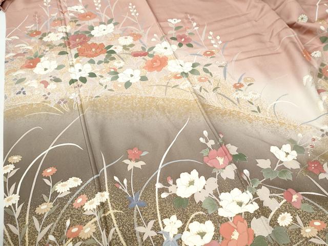 平和屋着物●訪問着　駒刺繍　枝花文　暈し染め　金彩　ロング丈　正絹　逸品　CABG0662yc