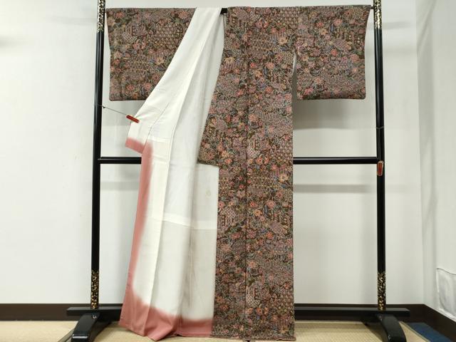 平和屋着物●上質な小紋　更紗吉祥花文　鬼しぼ縮緬　正絹　逸品　CABG0665yc