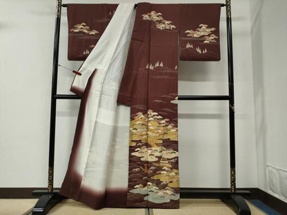 平和屋着物●訪問着　駒刺繍　浜松舟風景文　金彩　正絹　逸品　CABG0667yc