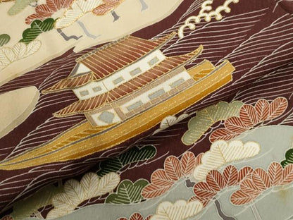 平和屋着物●訪問着　駒刺繍　浜松舟風景文　金彩　正絹　逸品　CABG0667yc