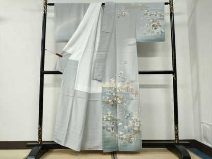 平和屋着物●高級染元　粋峰　林芳夫　京加賀友禅　訪問着　籬松竹梅草花文　暈し染め　金彩　正絹　逸品　未使用　CABG0680yc