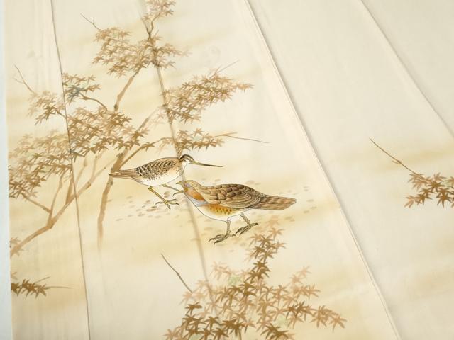 平和屋着物●長襦袢　無双仕立て　手描き　草木鳥文　暈し染め　正絹　逸品　CABG0681yc
