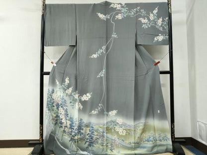 平和屋着物●訪問着　友禅　作家物　樹林風景枝花文　暈し染め　ロング丈　正絹　逸品　CABG0682yc