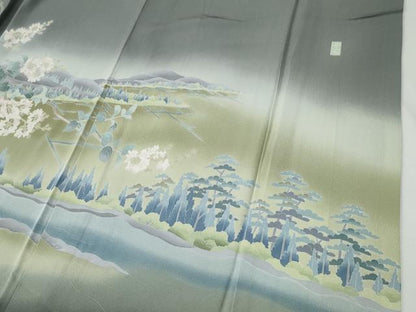 平和屋着物●訪問着　友禅　作家物　樹林風景枝花文　暈し染め　ロング丈　正絹　逸品　CABG0682yc