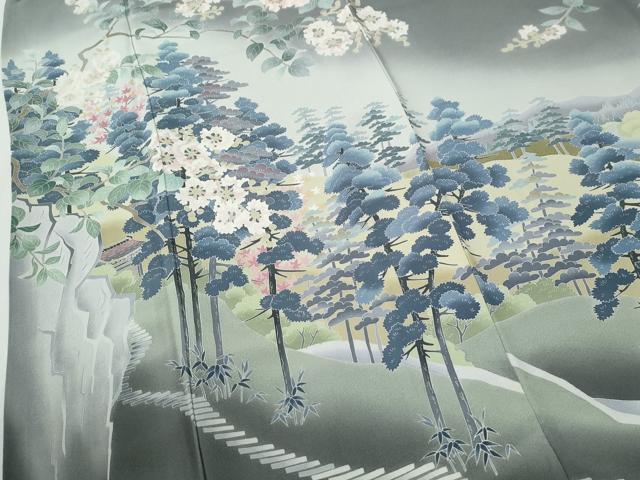 平和屋着物●訪問着　友禅　作家物　樹林風景枝花文　暈し染め　ロング丈　正絹　逸品　CABG0682yc
