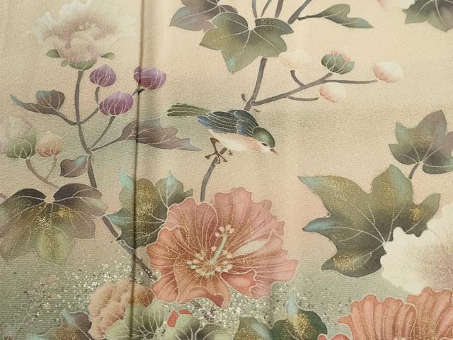 平和屋着物●訪問着　作家物　休み鳥枝花文　暈し染め　金彩　正絹　逸品　CABG0686yc