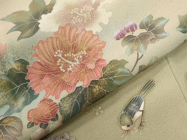 平和屋着物●訪問着　作家物　休み鳥枝花文　暈し染め　金彩　正絹　逸品　CABG0686yc