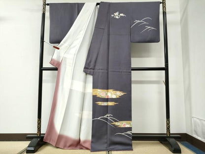 平和屋着物●訪問着　駒刺繍　立波霞草花文　金彩　正絹　逸品　CABG0692yc