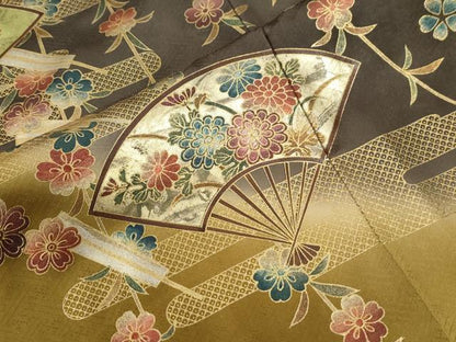 平和屋着物●訪問着　エ霞扇面枝花文　暈し染め　金彩　正絹　逸品　CABG0694yc