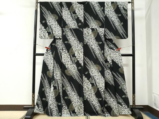 平和屋着物●上質な小紋　源氏車　藤花房　黒地　金彩　正絹　逸品　CABG0709yc