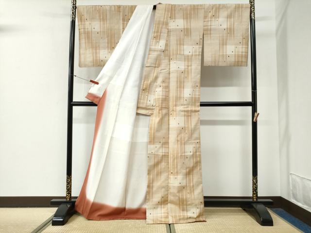 平和屋着物●上質な紬　変わり格子吉祥文　正絹　逸品　CABG0715yc