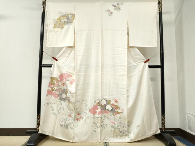 平和屋着物●訪問着　刺繍　地紙草花文　金彩　正絹　逸品　未使用　CABG0716yc
