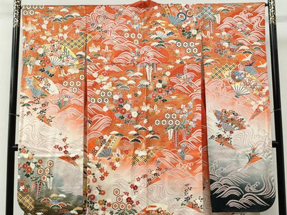 平和屋着物●豪華振袖　駒刺繍　立波扇面鳳凰松竹梅花文　暈し染め　金彩　正絹　逸品　CABG0717yc