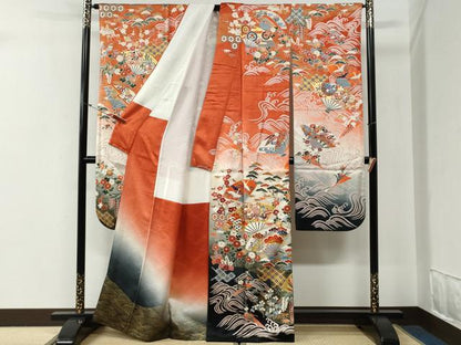 平和屋着物●豪華振袖　駒刺繍　立波扇面鳳凰松竹梅花文　暈し染め　金彩　正絹　逸品　CABG0717yc