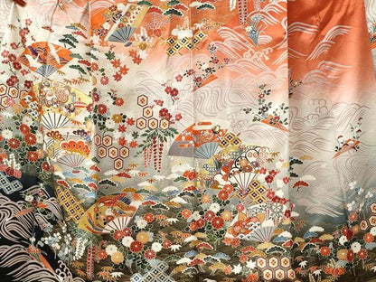 平和屋着物●豪華振袖　駒刺繍　立波扇面鳳凰松竹梅花文　暈し染め　金彩　正絹　逸品　CABG0717yc