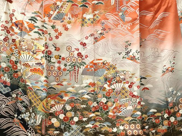 平和屋着物●豪華振袖　駒刺繍　立波扇面鳳凰松竹梅花文　暈し染め　金彩　正絹　逸品　CABG0717yc