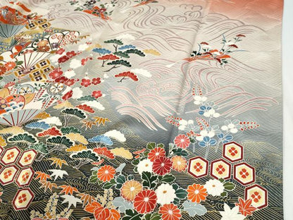 平和屋着物●豪華振袖　駒刺繍　立波扇面鳳凰松竹梅花文　暈し染め　金彩　正絹　逸品　CABG0717yc