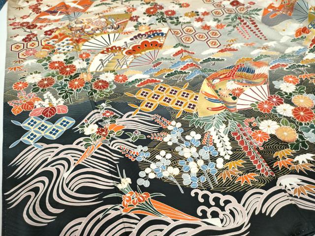 平和屋着物●豪華振袖　駒刺繍　立波扇面鳳凰松竹梅花文　暈し染め　金彩　正絹　逸品　CABG0717yc
