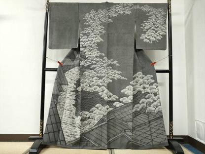 平和屋着物●訪問着　江戸小紋　鮫小紋柄　風景松文　黒地　正絹　逸品　CABG0720yc