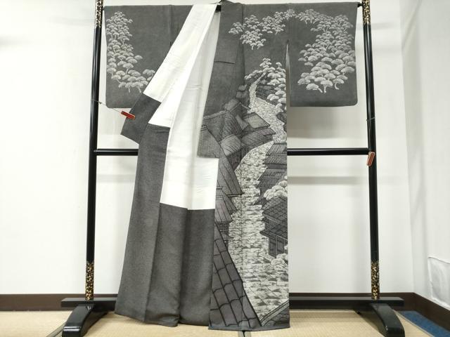 平和屋着物●訪問着　江戸小紋　鮫小紋柄　風景松文　黒地　正絹　逸品　CABG0720yc