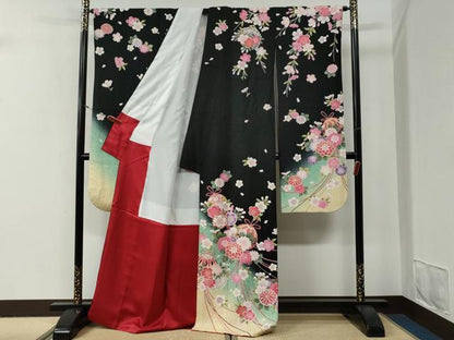 平和屋着物●豪華振袖　毬舞花文　暈し染め　黒地　金通し地　正絹　逸品　CABG0723yc