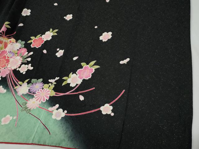 平和屋着物●豪華振袖　毬舞花文　暈し染め　黒地　金通し地　正絹　逸品　CABG0723yc
