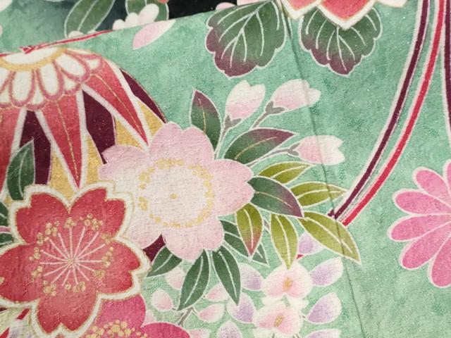 平和屋着物●豪華振袖　毬舞花文　暈し染め　黒地　金通し地　正絹　逸品　CABG0723yc