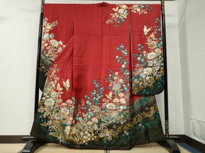 平和屋着物●豪華振袖　駒刺繍　更紗花蝶文　金通し地　正絹　逸品　CABG0724yc
