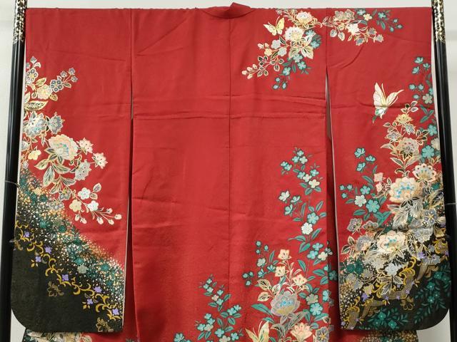 平和屋着物●豪華振袖　駒刺繍　更紗花蝶文　金通し地　正絹　逸品　CABG0724yc