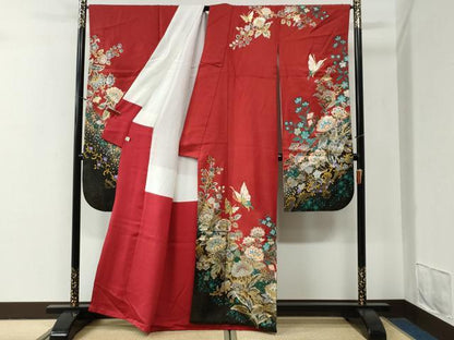 平和屋着物●豪華振袖　駒刺繍　更紗花蝶文　金通し地　正絹　逸品　CABG0724yc