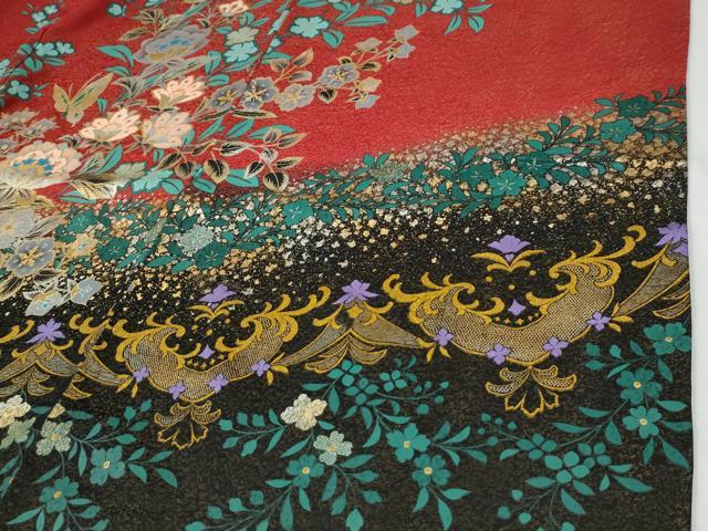 平和屋着物●豪華振袖　駒刺繍　更紗花蝶文　金通し地　正絹　逸品　CABG0724yc