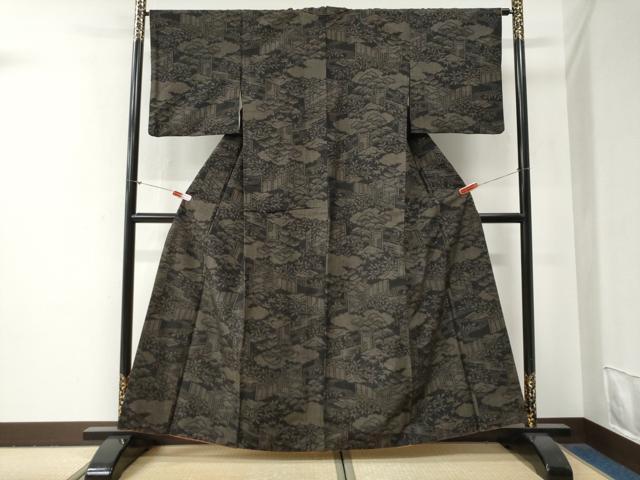 平和屋着物●結城紬　100亀甲　雲取り浜松草木文　黒地　正絹　逸品　CABG0747yc